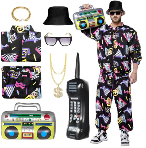 Suffolly Déguisement des années 80 pour adulte des années 90 – Costume de 8 pièces pour couples des années 80 et 90 – Costume d'entraînement pour le quotidien, Halloween, fête disco hip-hop (taille A,