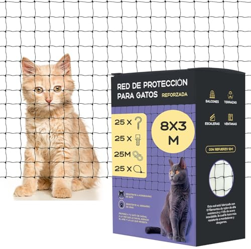 Mablik® Red para Gatos Terraza Reforzada (8x3m) + Kit Instalación + Instrucciones. Red Gatos Ventanas y Terraza, de Color Negro, Refuerzo de Acero Inoxidable 12+1 (8x3m)