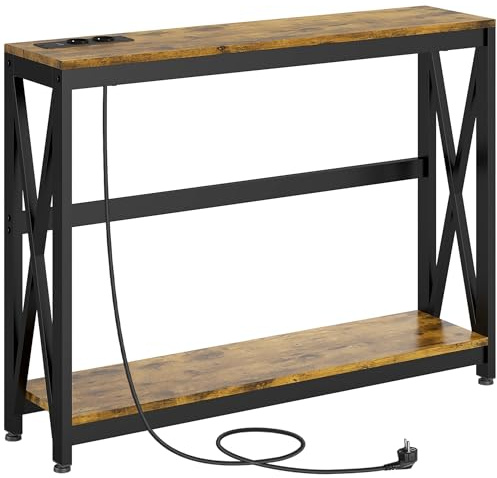 HOMCOM Mesa Consola Industrial con 2 USB 100x24x75 cm Marrón Rústico