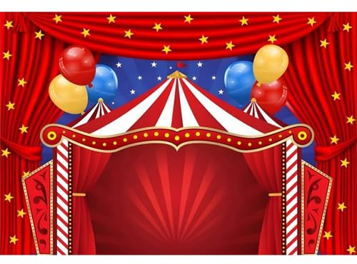 Xiaoterna 4,5x3m Sfondo a tema circo e carnevale Tenda rossa stelle festa di compleanno sfondo fotografico Sfondo per festa a tema tenda del circo Decorazioni per la tavola della torta