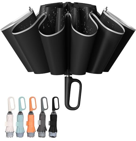 TUMAAOTU Compact Inverted Umbrella with Never Forget Carabiner Handle - Travel Umbrella Windproof Strong, Reverse Umbrellas for wind rain, Auto Open Close, 10 Rib Durable Frame for Women Men (Black)