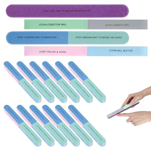 12 Stück Nagelfeilen Naturnägel, Polierfeile Fingernägel, 7 Farbige Oberflächen Nail File, Verschleißfest Waschbar Buffer für Gelnägel für Haushalte, Nagelsalons Nagelpflegeun