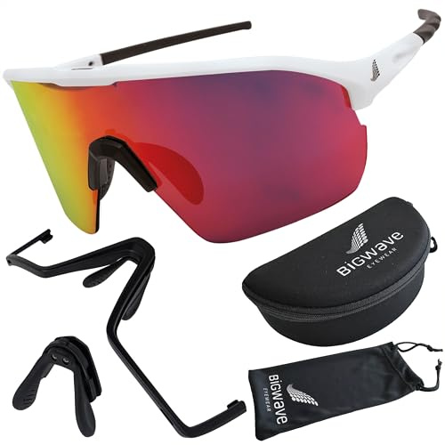 BIGWAVE 906 Sportbrille Schnelle Brille Fahrradbrille Sonnenbrille für Damen und Herren UV400 mit rotem Wechselglas im Shield-Design. Anti-Beschlags-Beschichtung (weiss/rote Gläser)