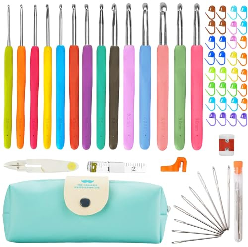 Aucuu Set di Uncinetti, 59 Pezzi Uncinetti Set, 14 PCS Uncinetto 2.0mm-10.0mm Uncinetto Set Crochet Kit, Set Uncinetti Ergonomici per Principianti DIY Giocattoli con Scatola, per Ragazze Donne