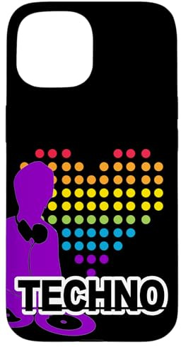 DJ avec tourne-disque et cœur, batterie et basse, techno Coque pour iPhone 15
