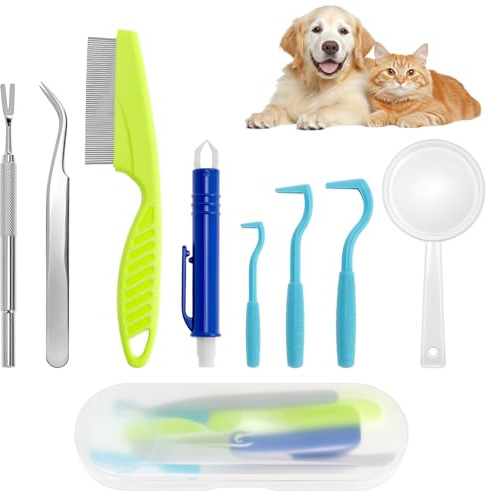 QWORK® 8 Pièces Tire Tique pour Chien Set, Pince a Tique, Crochet à tiques, Peigne et loupe, pour Animaux de Compagnie