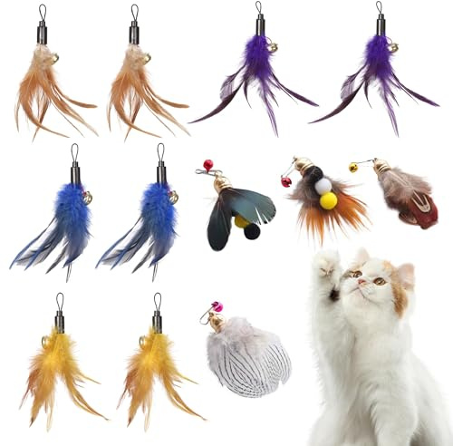 JNYUTEEN Giocattoli Piume Gatto, 12 Pezzi Giocattolo per Gatti con Campanelli, Giochi Gatto con Piume Giocattolo di Piumo Testina di Ricambio per Gatti e Gattini