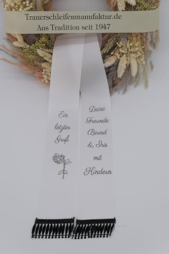 Generisch SuperSatin Trauerschleife mit Text, Grabsgesteckband nach Wunschtext, Urnen- Grabstrausschleife, Kranzschleife Verschiedene Breiten (weiß, 7,5 cm für einen Strauß)
