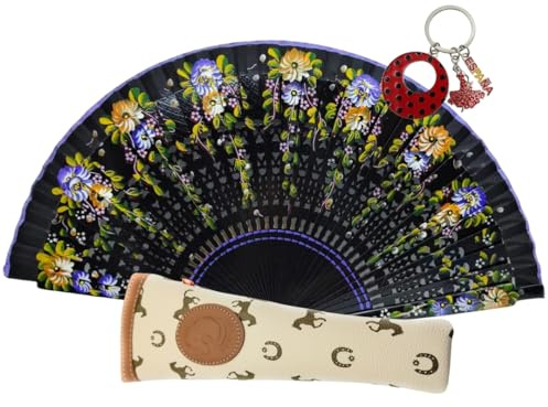 Planta Color Abanico de Madera con Flores Pintadas a Mano. Incluye una Funda Artesanal Hecha en España para Proteger el Abanico. Precioso LLavero Flamenco Incluido. (Medianoche Andaluza)