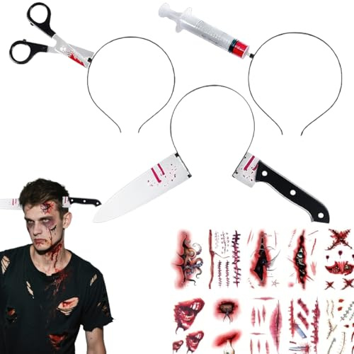 Diadema de Terror de Halloween- 3 Piezas Diademas de Armas de Halloween Diadema 10 Tatuajes Zombie Cuchillo Vampiro Carnicero Cosplay Accesorios Disfraz Fiesta Deco Disfraz Carnaval Mascarada Fiesta