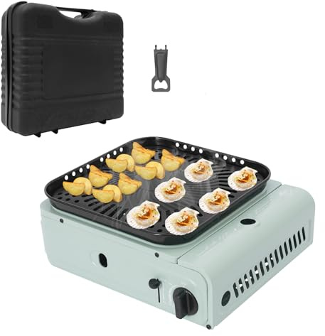 LKHDONG Hornillo de camping de gas para exteriores, barbacoa de gas, juego de cocina de gas portátil, barbacoa de mesa con placa de barbacoa y maletín de transporte (verde)