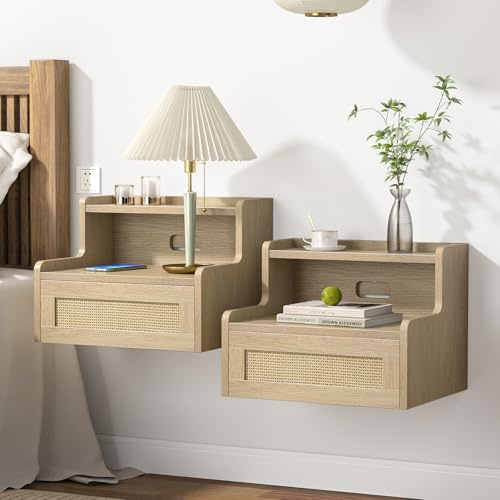 Skokliz nachttisch hängend 2er Set, Kleiner moderner schwebender Nachttisch mit Rattan Schublade, Nachtschrank Wandmontage Regal für Schlafzimmer, Wohnzimmer,Naturholzfarbe