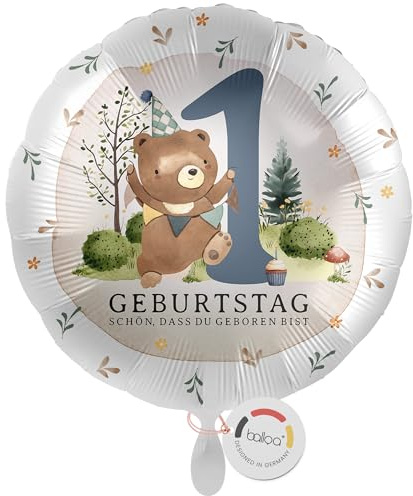 balloa Folienballon Teddybär, Geschenk zum 1. Geburtstag für Jungen oder Mädchen, Helium Ballon Rund mit Zahl 1 und Bären Motiv, Kindergeburtstag Deko Waldtiere Motto, Geburtstagsdekoration, 33cm