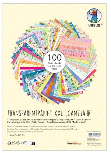 Ursus 7756 46 99 - Papel de calco XXL Todo el año, 100 hojas DIN A4, 115 g/m², 50 motivos surtidos, impresos por una cara, papel de manualidades para cuadros de ventanas, farolillos y decoraciones