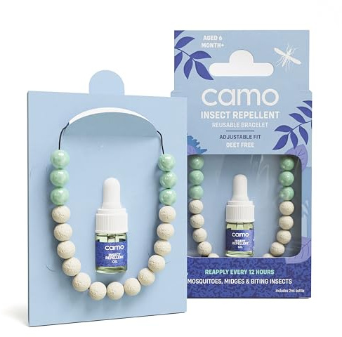 CAMO, Resusable Insect Repellent Bracelet, Natural Lava Rock, Contains Repellent to Recharge. Super Strength. Adustable one Size fits All. 2ml