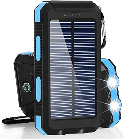 Power Bank, PowerBank Solare Dual USB Powerbank Batteria Esterna Portatile Impermeabile con Ricarica e Luce LED 2USB Powerbank 30000Mah, Blu