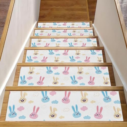 RODAILYCAY 15 alfombras para peldaños de escalera de 76 x 20 cm para peldaños de madera para interiores, antideslizante, bonito diseño de nube, tapete para niños, ancianos y perros