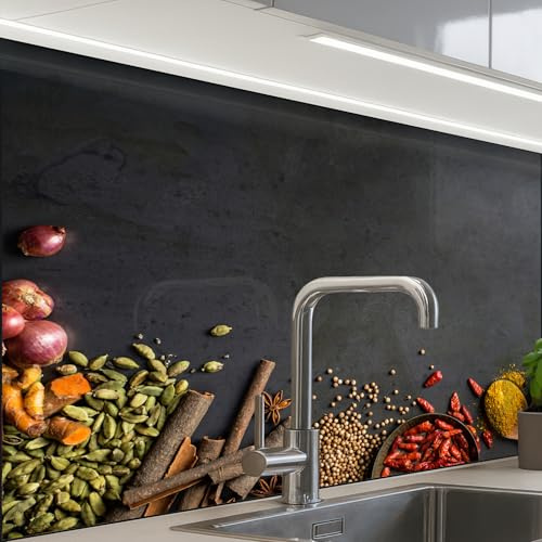 KitchenYeah© Küchenrückwand Selbstklebend Küchenspritzschutz Rückwand | 60x80 cm - Wandschutz Ohne Bohren Spritzschutz Wand Wandverkleidung Kräuter - Lebensmittel - Gewürze - Schwarz - Paprika