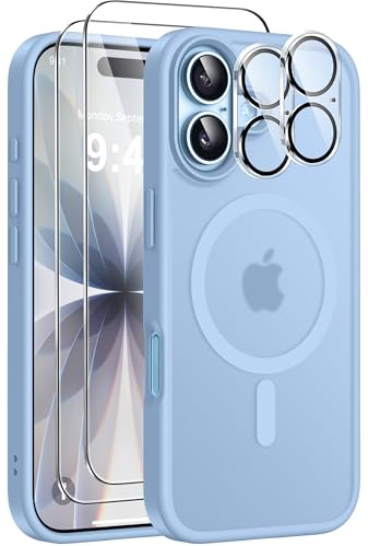 ivencase 5 in 1 Magnétique Coque pour iPhone 17 avec 2 Verres Trempés et 2 Caméra Protecteur, Compatible MagSafe Dos Anti Rayures Coque Antichoc TPU Bumper Coque pour iPhone 17 6,3 -Bleu Clair
