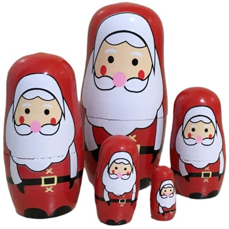 BEAHING Weihnachten Russische Matroschka-Puppen aus Holz, Weihnachtsmann-Matroschka-Puppen, Weihnachtsdekoration, 5 Stück, Weihnachtsmann-
