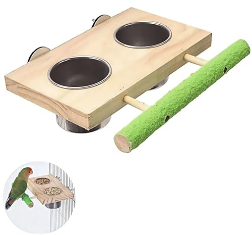 AXYOUCUN Bird Feeding Dish Cups with Wooden Platform Hanging Stainless Steel Parrot Cage Feeder Bowl Wood Perch Stand for Parakeet Cockatiels Lovebirds Budgie
