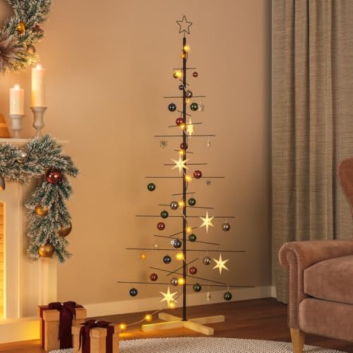 ACAGALA Metall Tannenbaum für Dekorationen 180 cm Christbaum mit Holzständer Schwarz - Moderner DIY Dekoration, Design Metallbaum für Zierschmuck - Platzsparend für Kugeln, Lichter