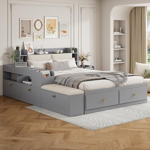 Massivholz-Kombi-Bett 140*200cm, Kopfteil mit eingebautem Staufach, mit Schubladen, mit Nachttisch, mit Stauraum-Langschrank, mit Sofabank, Stauraumbett Doppelbett Stauraumbett Tatamibett, Grau