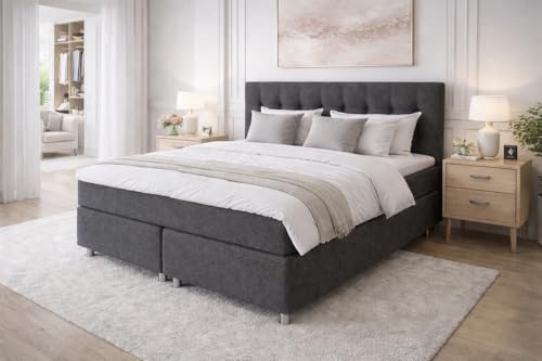 Tesla Dreams Boxspringbett 160x200 Ronda, 7 Zonen Taschenfederkern-Matratze H3/H4, 5 Jahre Garantie, Topper MemoLUX-12 cm, Unterbau Taschenfederkern, Montage verfügbar, Anthrazit