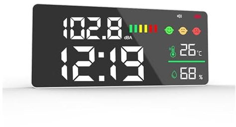 Fonometro, Misuratore acustico digitale Decibel USB Rilevatore di rumore intelligente montato a parete for vicini 30-130 dB Display a LED for temperatura e umidità Monito(With Clock)
