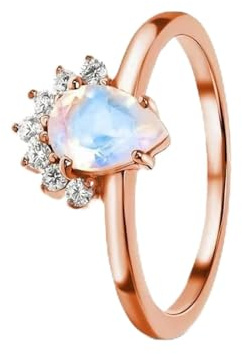 Ayoiow Vorsteckring Rosegold 585 für Damen, 0.25ct Mondstein und Moissanit Wassertropfen-Mondstein Verlobungsringe Echt Rosegold für Sie, 14 Karat Roségold Größe 60 (19.1)