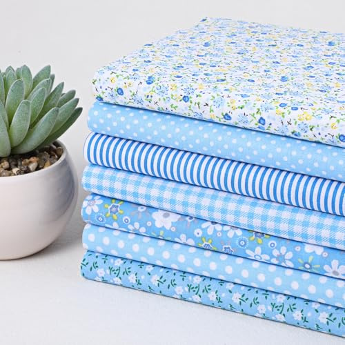 7er Set Blau Baumwollstoff Paket, 50 x 50cm DIY Baumwoll Gedruckt Craft Stoffe Verschiedene Designs Stoffreste zum Quilten, DIY Basteln Handwerken