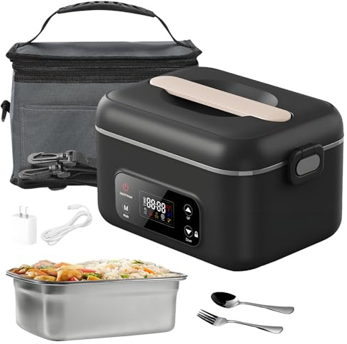 1 l beheizter Futternapf mit Akku, elektrische Lunchbox, kabellos, für Erwachsene, 16000 mAh, wiederaufladbar, beheizte Lunchbox mit Timer für Reisen, Büro, Picknick (schwarz)