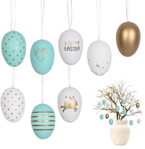 JOYUE Ostereier zum Aufhängen 24 Stück Bunte Ostereier Plastik Deko, Ostereiers Kunststoff, Hängedeko Ostern mit Bändchen, 8 Designs Ostern Eier Deko für Osterparty Draußen und Drinnen - 2026