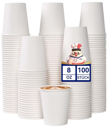 JOLLY CHEF 100 Stück Einweg-Pappbecher 250ml/8oz Weiße | Robuste, Auslaufsichere Einwegbecher, Kaffeebecher, Für kalte & heiße Getränke, Ideal Für Büros, Partys, Picknick