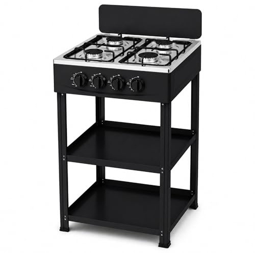 Fornello a Gas 4 Fuochi con Mobile e 2 Ripiani Acciaio, Cucina Compatta in Alluminio con Controllo Fiamma, Piano Cottura 82x49x49 cm per Interno ed Esterno, Nero