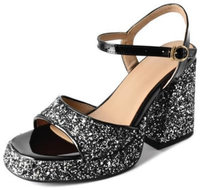Genérico Mujer Sandalias De Verano con Plataforma Y Brillo con Hebilla | Tacones De Vestir De Punta Cuadrada Y Destalonado, Zapatos De Invitada De Boda Con Purpurina Iridiscente