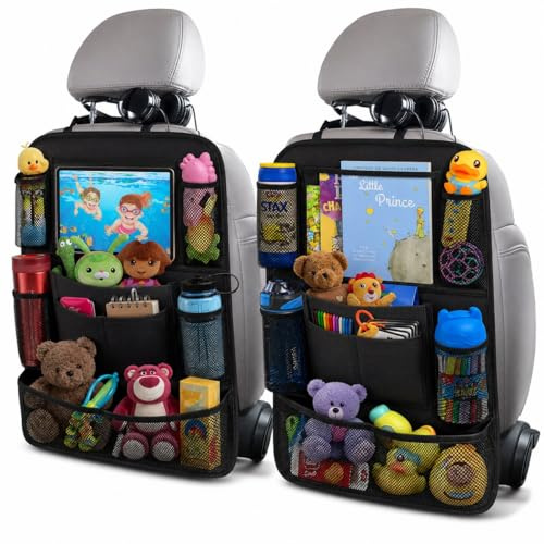ULEEKA Car Backseat Organizer with 10 Tablet Holder + 9 Storage Pockets Seat Back Protectors Kick Mats for Toy Bottle Book Drink, Universal Fit Travel Accessories for Kid & Toddlers (2 Pack)