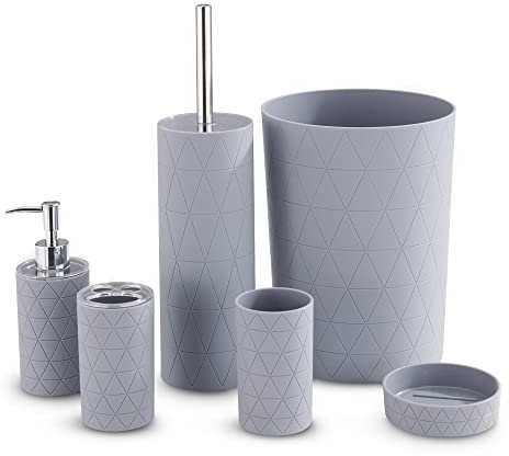 LIVIVO Stylish 6pc Bathroom & Sink Accessory Set - Modern Vanity Organiser Kit Include Tumbler, Toothbrush & Toilet Brush Holder, Lotion Dispenser, Soap Dish & Trash Bin (Grey Geo)