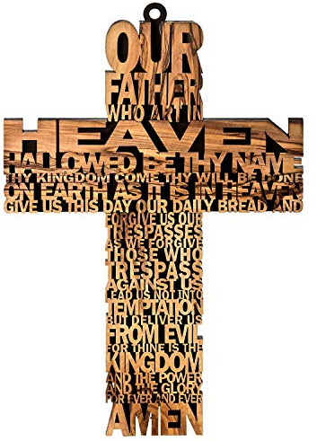 MaMeMi Olivenholzkreuz Our Father who art in Heaven, ca. 27x18cm. Original aus dem Heiligen Land