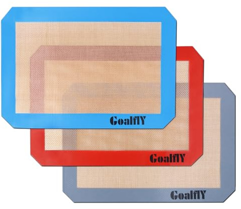 Goalfly Small Silicone Baking Mat Sheet (11.8 x 8.5 IN), 3 Pieces Baking Mat Set, Reusable Silicone Mat for Oven, Toaster, Baking Tray, Baking Pan (Red, Blue, Grey)