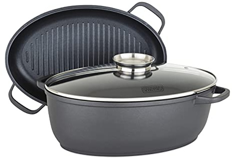 Viking Culinary 3-in-1 8.6 Qt Die Cast Oval Roaster with Glass Basting Lid, Gray