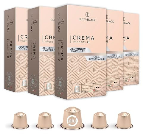 BrewBlack Crema Coffee Capsules - 50 Aluminium Coffee Pods Compatible with Nespresso Original line, Medium Roast - Intensity 8/12, Made in Italy