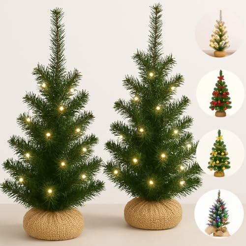 2x 60cm Artificial Mini Green Christmas Trees with Colour Select Lights - 2ft Indoor Battery Operated LED Green Xmas Tree - Jute Hessian Base Bag 60cm 2 Pack Trees