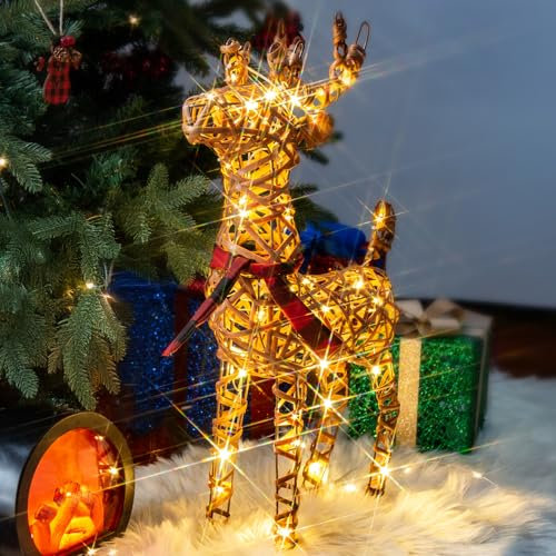 DELICHTER Figura Navideña LED de Reno de Ratán, REH Iluminación Navideña con Temporizador Blanco Cálido, Decoración Navideña de Ciervo para Interior y Exterior, Salón, Jardín