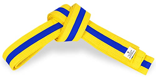 MACS Martial Arts 1.75 Wide Karate/Taekwondo Double Wrap Belts with Color Stripe (Yellow Belt with Blue Stripe, 6 = 120'')
