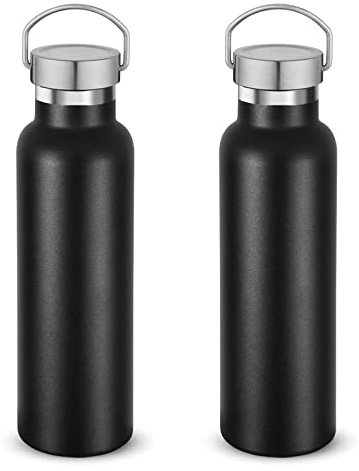 Volhoply 600ml Trinkflasche Edelstahl Zwei Packungen,Doppelwandig Vakuum Isolierte Thermosflasche Kinder,Metall Auslaufsicher Water Bottle Wasserflasche FüR Sport, Schule, Outdoor(Schwarz,2 Set)