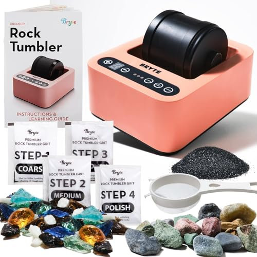 BRYTE Rock Tumbler Kit, 3 Geschwindigkeiten & Digitaler 9-Tage-Polier-Timer, Dual-Injektion, selbstkühlender Premium-Motor, professioneller Steinpolierer für Kinder & Erwachsene, Rosa