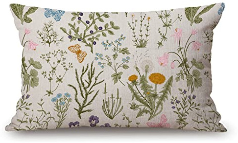 Solekla Vintage Garden Plants with Herbs Flowers Botanical Cotton Linen Decorative Throw Pillow Case Cushion Cover Pillowcase for Couch Sofa Bed,12 X 20 Inches