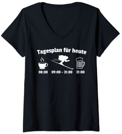 Damen Kaffee Skifahren Bier Tagesplan Heute Skifahrer Wintersport T-Shirt mit V-Ausschnitt