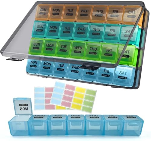 Monthly Pill Box Organiser, 28 Day Pill Organiser with Compartments | Dustproof Pill Box for Vitamins, Supplements, Fish Oils & Travel